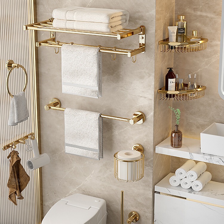 全铜金色毛巾架套装壁挂式折叠浴巾架欧式毛巾杆卫生间浴室置物架